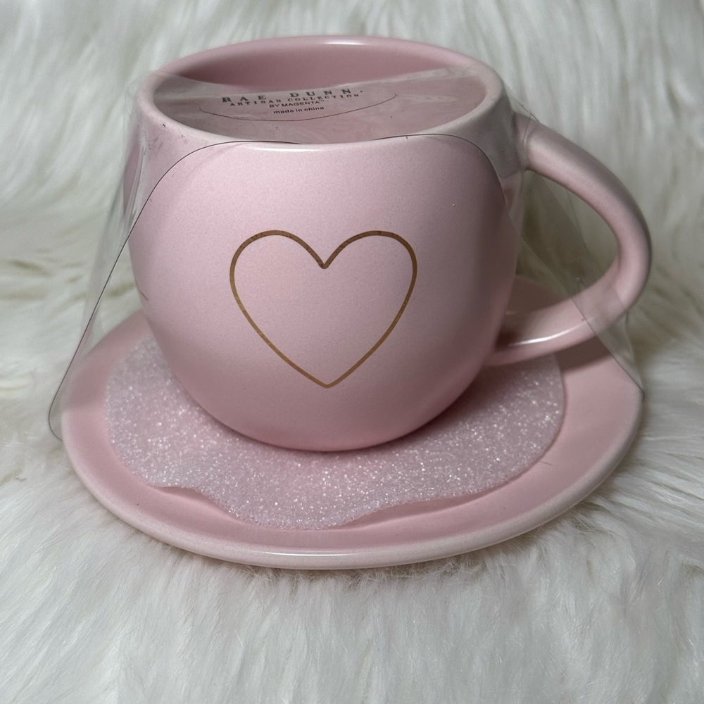 Rae Dunn Matte Pink Heart Mug with Saucer